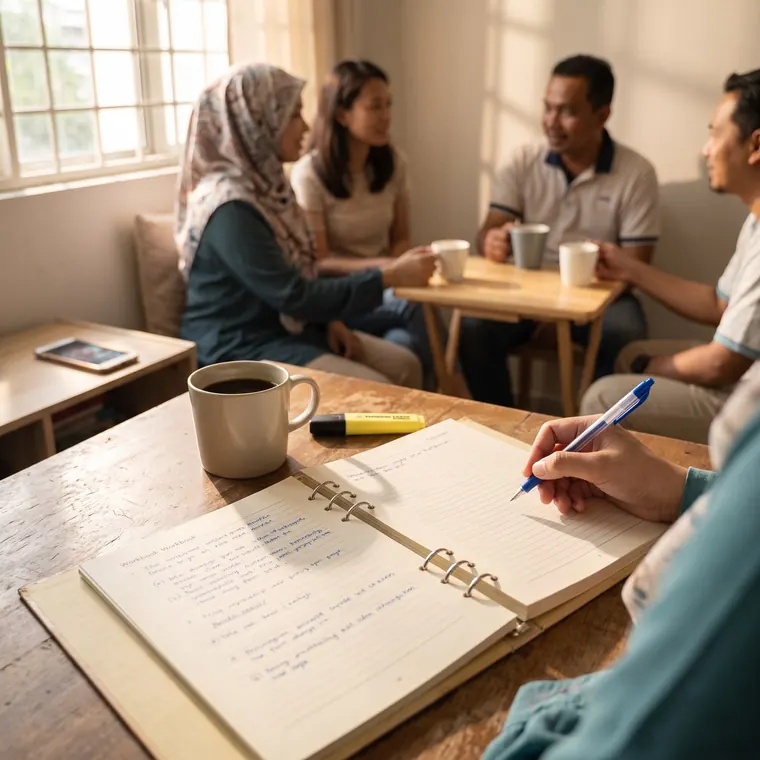Workbook dibuka dan diisi dengan pen di atas meja