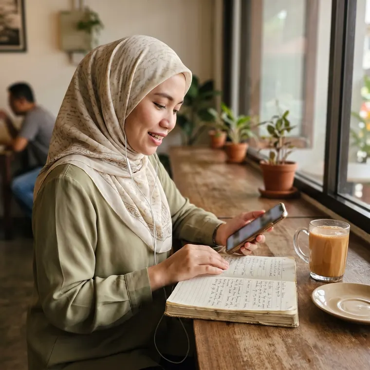 Wanita berhijab di kafe memakai earphone, berlatih bercakap sambil melihat buku nota