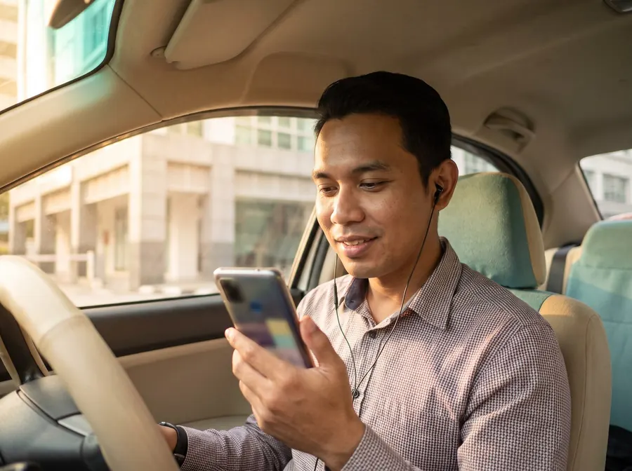 Lelaki dalam kereta memakai earphone, berlatih bercakap English dengan telefon
