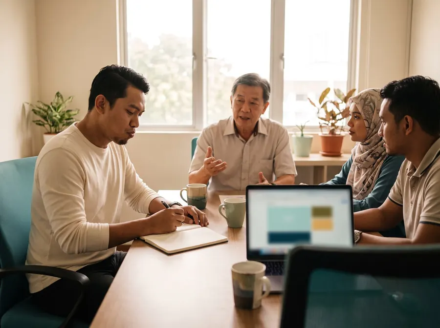 Lelaki diam memegang pen dalam mesyuarat pejabat sementara pengurus bercakap