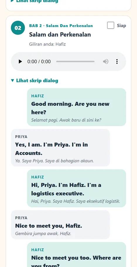 Web app pembeli: trek Audio 02 dengan skrip dialog dibuka